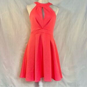 Blue Blush Neon Pink Skater Dress Ribbed Halter Cut Out Back Slit Front EUC L